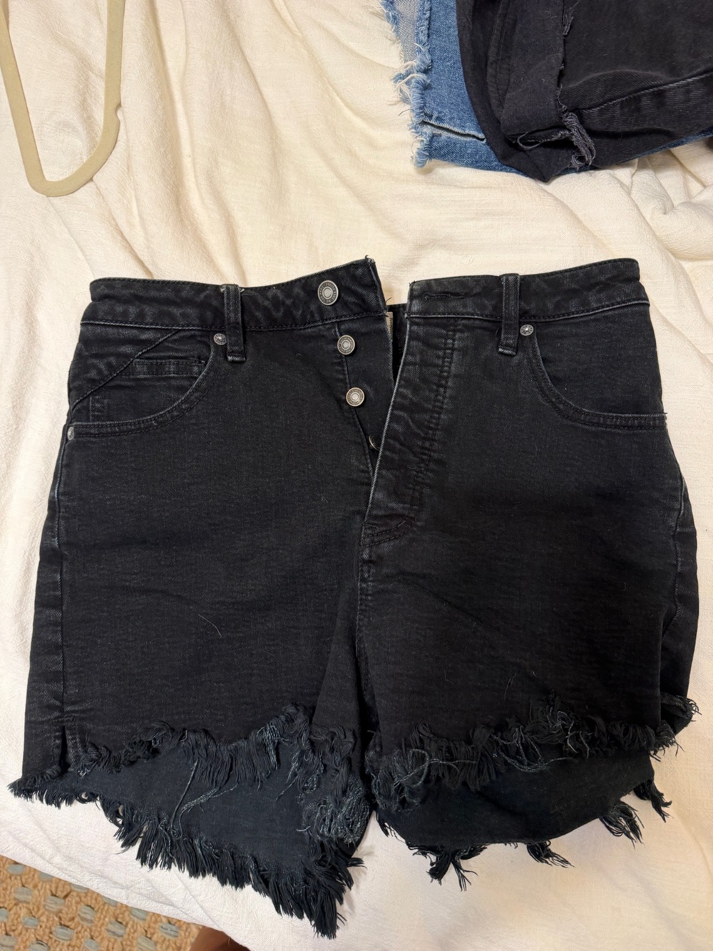 Free People Black Denim High-Waist Button Shorts